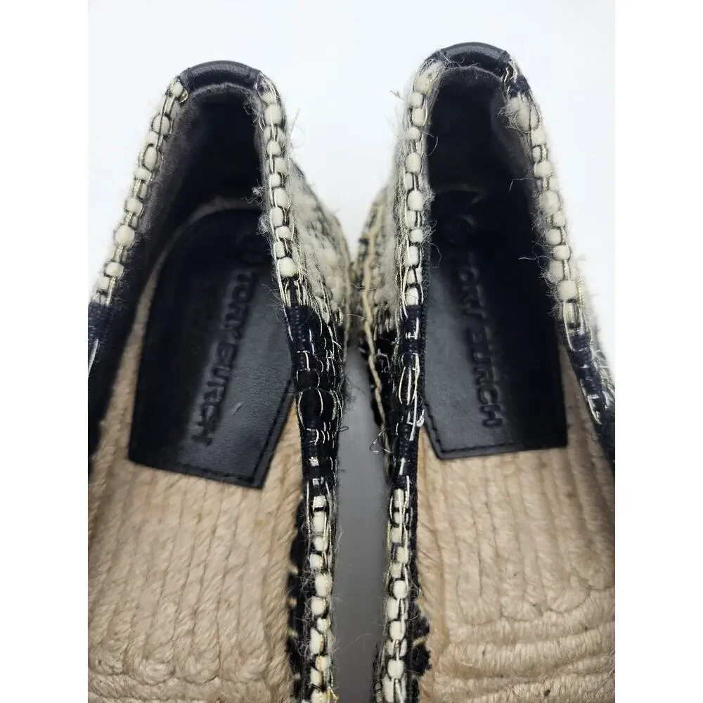 Tory Burch Logo Espadrille Flats Black Ivory Tweed Round Toe Slip-On sz 6.5